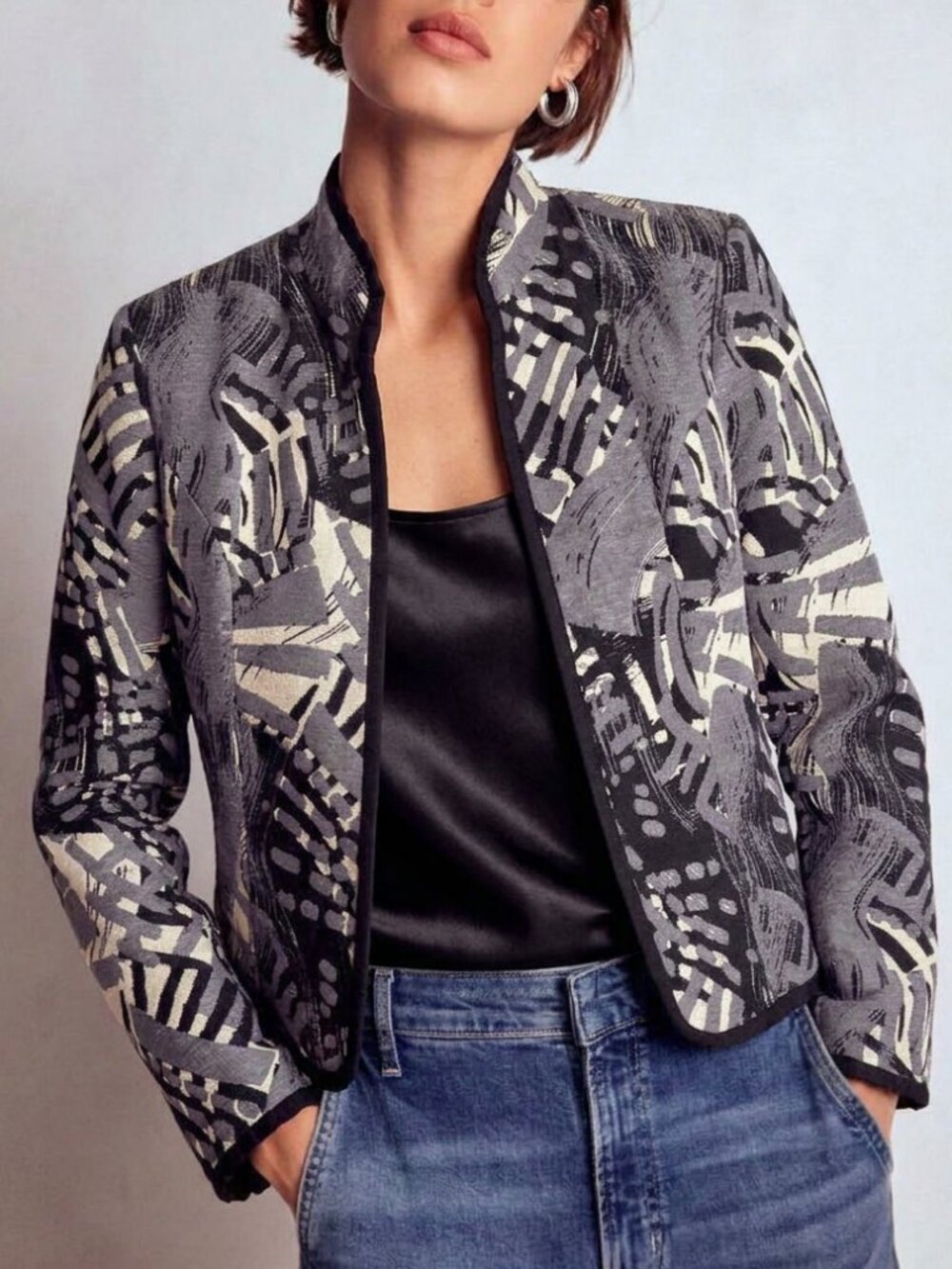 Vintage Silkland Japanese Print Collarless Silk Jacket Size S